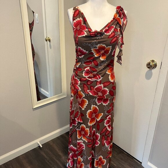 Bandolino Brown Floral Cowl Neck Ruffle Maxi Dress, Size 6 - Picture 1 of 15